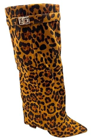 sole london LADIES Women's KNEE HIGH Fold Over Buckle Fashion Zip Pointed Block Heel Boots – Stylish Ruched Design – Comfortable Mid-Block Heel (4 INCH)– Faux Leather & Faux Suede_LEOPARD 7