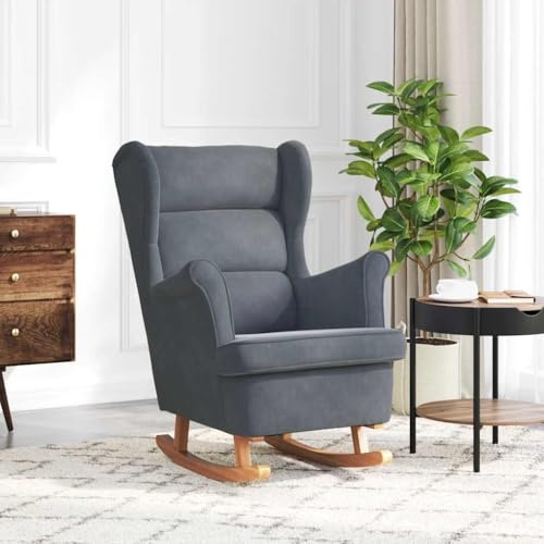 Refined Schaukelstuhl Ohrensessel Relaxsessel Dunkelgrau Samt und Massivholz