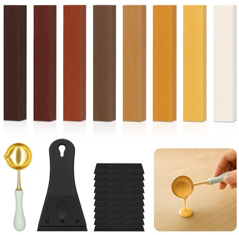 Jafurnestia Hartwachs Reparaturset für Holz & Laminat – 8 Braun Reparaturwachse mit Spachtel, 10 Ersatzklingen & Schmelzlöffel zum Ausbessern von Kratzern, Löchern und Rissen