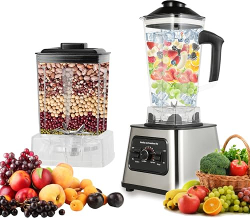 Blender Professionnel, 6000W Blender Smoothie,27000 tr/min (Noir) | 2-En -1 Smoothie Mixer+Grinder,4 Lames 3D en Acier Inoxydable, 2L+0.5L Mixeur Blender Sans BPA,9 Vitesses,Nettoyage Facile