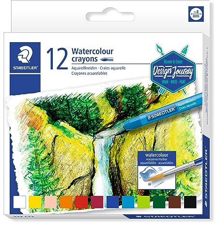 STAEDTLER 223 C12 Aquarellkreide (hochopake Farben, leicht verwischbar, wasservermalbar, mit Papierbanderole, Durchmesser 8 mm, rund) Kartonetui mit 12 leuchtenden Farben