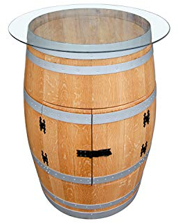 Temesso Weinfass als Weinregal Weinschrank Bar - geölt und Silberne Ringe (Mit Glasplatte D 75 cm)