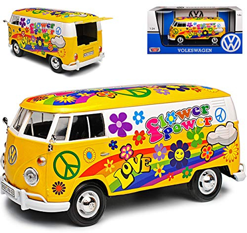 Motormax Volkwagen T1 Flower Power Gelb Love and Peace Blumen 1950-1967 1/24 Modell Auto mit individiuellem Wunschkennzeichen