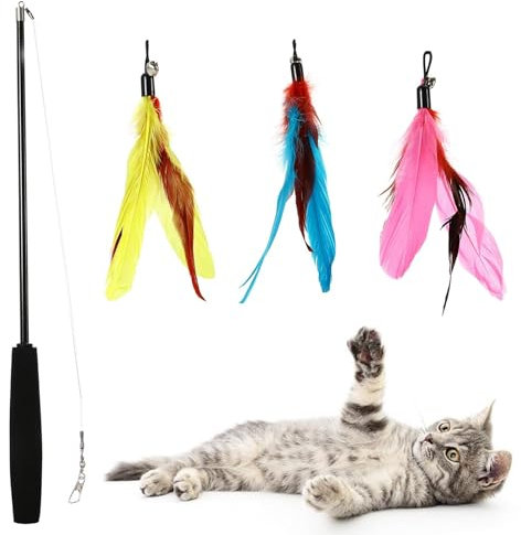 Cat Feather Toys & Wand - Interactive Flirt Pole & Retractable Teaser for Indoor Cats & Kittens - 3 Refill Pack