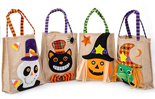 HOWAF Leinen Halloween Tragetaschen für Kinder, Halloween Geschenktüten Süßigkeiten Partytüten Beutel Geist Schwarze Katze Kürbis Hexe Stofftaschen für Halloween Gastgeschenke Mitgebsel