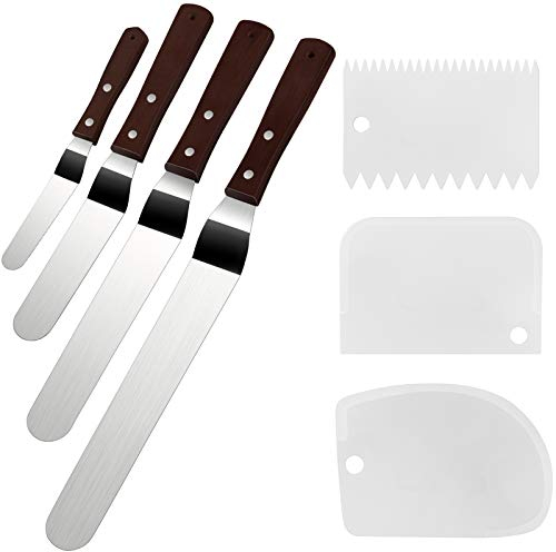 Awpeye Kuchenglasurspachtel-Set mit 4 Packungen (10,2 cm, 15,2 cm, 20,3 cm, 25,4 cm) und Kuchenglätter-Schaber-Set mit 3 Packungen, professioneller Edelstahl-Offset-Spatel mit Holzgriff