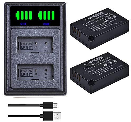 PowerTrust 2 Stück LP-E17 Akku (1300 mAh) + LED Ladegerät mit USB und Typ-C Anschluss für Canon EOS 77D, EOS 750D, EOS 760D, EOS 8000D, EOS M3, EOS M5, EOS M6, EOS Rebel T6i, Kiss X8i Kameras