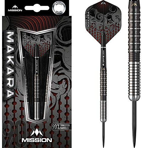 Mission Makara Dartpfeile mit Stahlspitze, 90 % Wolfram, Graphit, PVD, Schwarz, mehrere Gewichte und Stile erhältlich