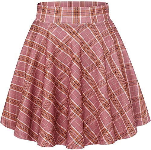 DRESSTELLS Gonna Donna Gonna a Pieghe Donna Versatile Pieghe Gonna da Plissettata Vita Elastica Gonna A-Line Gonna a Quadri Rosa Blush Grid XL