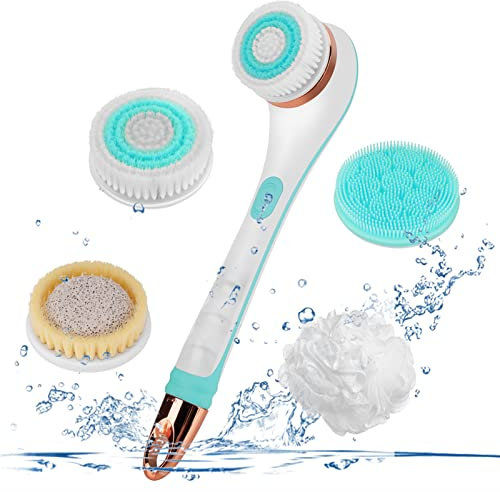 Bestcool Electric Body Brush Set, Waterproof Bath Brush 2 Speeds Body Scrubber Shower Brush with Long Handle, Soft Silicone Spin Skin Brush with 4 Brush Heads for Deep Cleaning and Relaxing(Green)