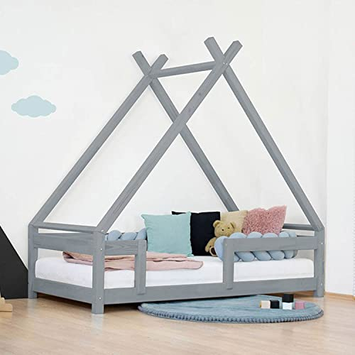 Kinder Tipi-Bett TAHUKA mit Sicherheitsgitter - Massivholz - grau - 120 x 200 cm