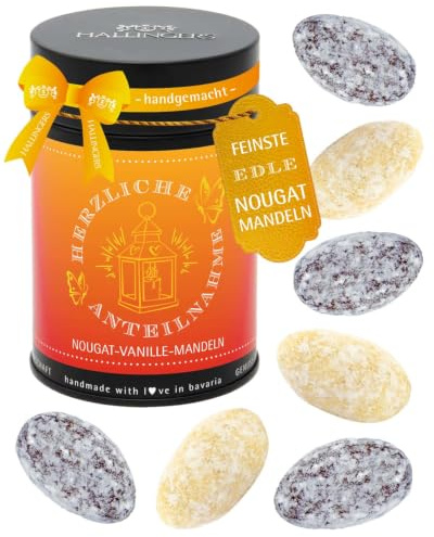 Hallingers Genuss Manufaktur Nougat-Mandeln Geschenk - von Hand in der Manufaktur schokoliert ohne Alkohol in der Geschenkdose Herzliche Antei..., Geschenkidee für Frauen Männer