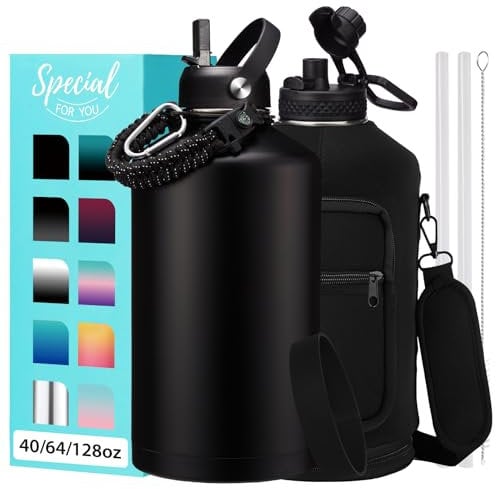 1 Gallon Insulated Water Bottle with Straw - 128oz 64oz Water Jug with Handle Paracord, Straw Spout Lids, Bottle Carrier, Double Walled Stainless Steel Hydro Bottle, Metal Gallon Water Bottle Large