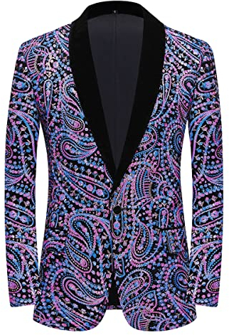 PYJTRL Glänzende Pailletten-Anzugjacke für Herren, Klassische Florale Anzugjacke, modisch, geeignet für Partys, Hochzeiten, Bankette, Abschlussbälle,Multicolor,L