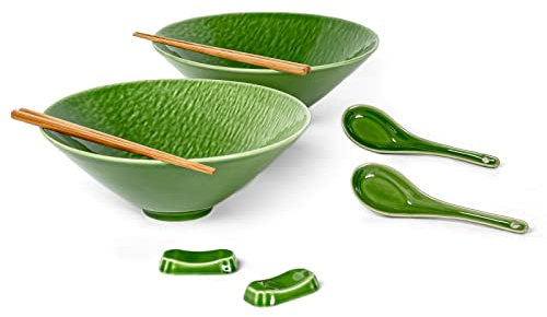 UNICASA Tazón de cerámica japonesa para ramen, 2 piezas 1100 ml cuencos para pasta cuencos para sopa cuencos para ensalada con cuchara y palillos, verde oscuro