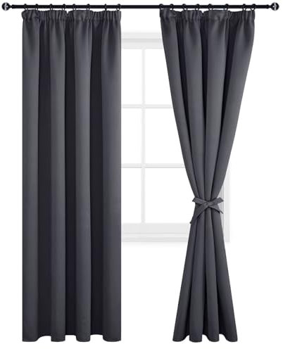 DWCN Lot de 2 Rideaux Occultant avec Cravates Rideau Isolant Thermique Anti Froid Galon Fronceur Rideau de Porte Salon Moderne Balcon Chambre Cuisine, Gris Foncé, 117 x 228 cm (Largeur x Hauteur)