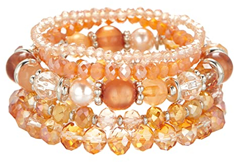 FULU AUTUMN Damen Kristall Perlen Armband Mehrschichtiges Steine Armband Boho Modeschmuck Beste Freundin Geschenke(21-Orange)