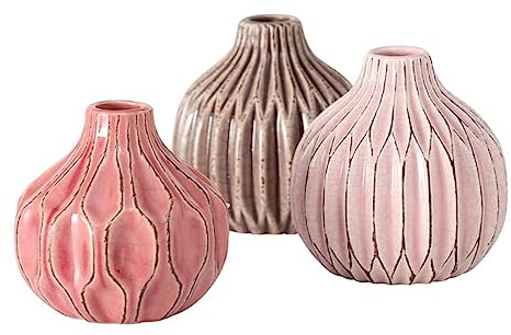 Vase im 3er Set im Shabby Chic Look aus Keramik Blumenvase Tischdekoration für Blumen und Trockenblumen Dekoratives Design - Rosa