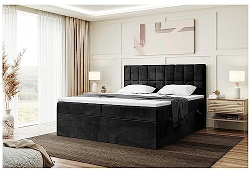 MEBLINI Boxspringbett mit Bettkasten - Gepolstert Doppelbett mit Matratze und Topper - Polsterbett mit Stauraum - Bett mit Kopfteil - Stauraumbett - Lukas - 140x200 - H4/Schwarz Samt