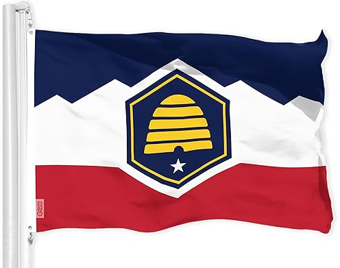 G128 Utah 2023 New Version Bienenstock UT State Flag | 90 x 150 cm | LiteWeave Pro Serie bedruckt 150D Polyester | Indoor/Outdoor, lebendige Farben, Messingösen, dicker und langlebiger als 100D 75D