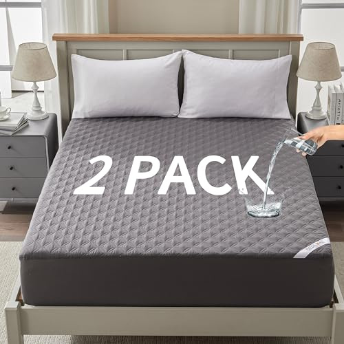 2 Pack Waterproof Mattress Protector, Queen Size Mattress Pad Noiseless with Deep Pocket Fitted for 6-18, Soft Breathable Dirt-Proof Bed Mattress Cover Washable for Home, Bedroom, Hotel (Gray)