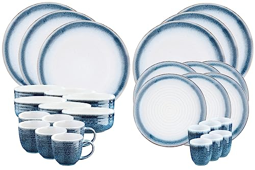 Björn, Cosmos, Set 30 Pièces, 6 Personnes, Grès Réactif, 6 Assiettes Plates, 6 Assiettes à Dessert, 6 Bols Petit-déjeuner, Tasses à Café, Mugs, Bleu et Blanc nacré, Micro-ondes, Lave-vaisselle