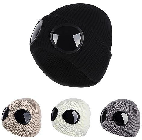 Modische Strickmütze für Männer Frauen Warme Mütze Herbst Wintermütze mit Windschutzbrille Unisex-Mütze Strickmütze Kreative Mütze Ohrenschutz Mütze Winterzubehör für Draußen (Schwarz)