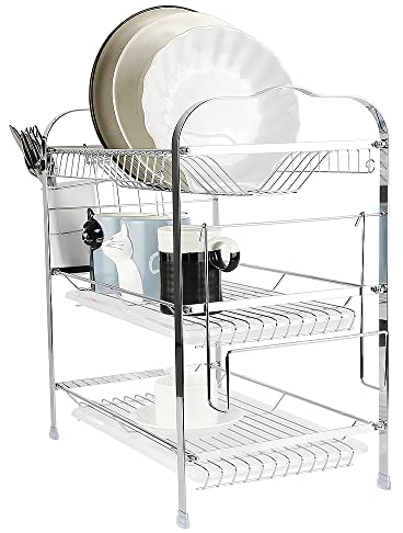 Relove - Escurridor de platos de 3 niveles escurridores para platos, cubiertos y suministros de cocina, soporte de almacenamiento escurridor con 42 x 25 x 49 cm (base para varillas + portavasos)