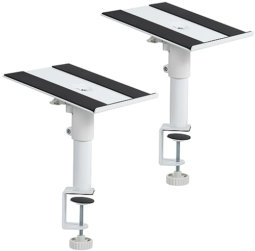 VIVO Clamp-on Speaker Stand Desk Mount Set, 10 x 9 inch Trays, Height Adjustment and Tilt, Universal Audio Holders for Computer and Bookshelf Speakers, Elevated Sound, 2 Pack, White, MOUNT-SP01CW