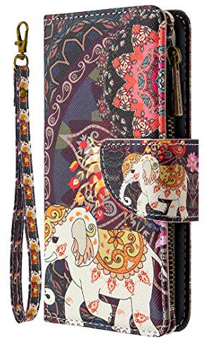 Tivenfezk Nadoli Reißverschluss Brieftasche Etui für iPhone 15 Plus,Bunt 9 Karte Halter Pu Leder Blumen Elefant Entwurf Lanyard Magnetisch Standfunktion Schutzhülle