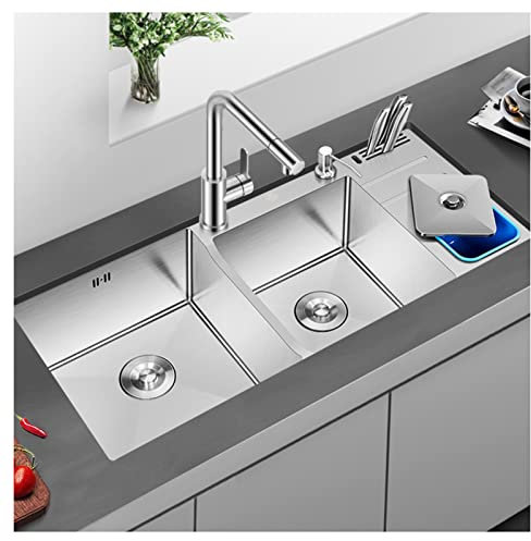 GArcan Küchenspülen Doppelbecken-Küchenspüle Unterbau-Edelstahl-Barspüle mit 3-in-1-Wasserhahn und Abfallbehälter für die Küche, Bar, Bauernhaus (Farbe: A, Größe: 110 x 48 cm)