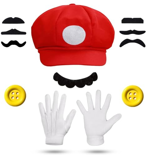 Atuoxing 12 Stück Mario Kostüm Accessories für Fasching, Mario & Luigi Mütze, Mario Kostüm Zubehör für Erwachsene Kinder Karneval Cosplay