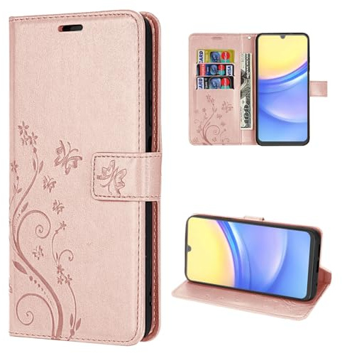 Hülle Kompatibel mit Samsung Galaxy A15 | Premium PU Leder Handyhülle Wallet Case für Galaxy A15 | Schutzhülle Blumen Klapphülle Handyhülle | Rosegold
