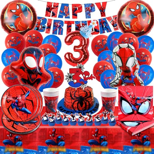 91 PCS Spiderma Stoviglie Feste Compleanno, Decorazioni Compleanno Spiderma 3 anni, Set Compleanno Spiderma, Palloncino Spiderma, Include Cake Topper Piatto Tazza Tovaglia Tovaglioli