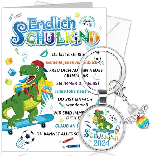 HOWAF Dino Glückwunschkarte Einschulung Karte mit Umschlag, Karte Schulanfang Schulkind 2025 Schutzengel Schlüsselanhänger Glücksbringer Schulanfang Geschenk zur Einschulung Junge