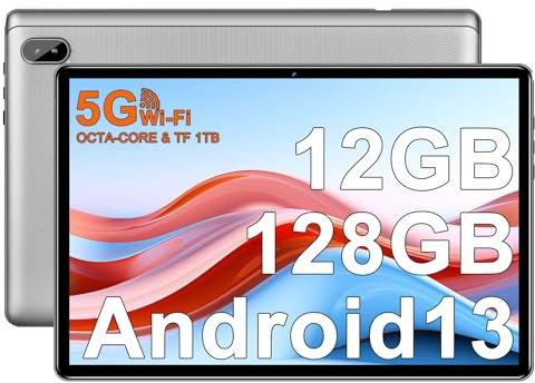 FACETEL Tablet 10 Pulgadas Android 13 con Octa-Core 2.0 GHz, 12GB RAM + 128GB ROM (1TB TF), 5G WiFi + Bluetooth 5.0, 5MP+8MP, HD IPS, Facciale ID, Widevine L1, Tablet con Case - Plateado
