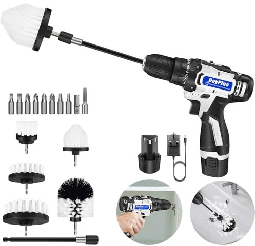 16.8V Cordless Drill Electric Screwdriver Kit - Combi Drill Driver with 1.5Ah Li-Ion Battery, Charger and 5 Pack Power Scrubber Cleaning Brush Attachment Set