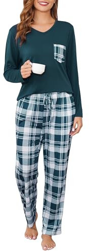Sopesil Pyjama Femmes Hiver à Carreaux Ensemble de Pyjamas Long à Col en V Vêtement de Nuit 2 Pièces pour Femmes avec Poches,XL,Vert Foncé