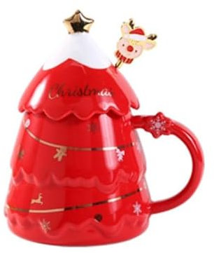 VollfitYYu Neuheite Weihnachtstasse 3D Weihnachtsbaum Kaffeebecher mit Deckel und Löffel 400ml Porzellan Weihnachtsbecher Geschenk für Halloween Weihnachten Neujahr Geburtstag (Rot)