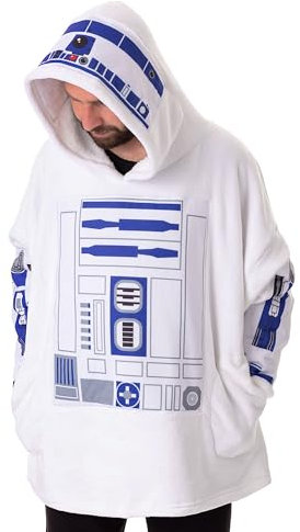 Star Wars R2D2 Unisexe Couverture portable Sweat a capuche | Pull a capuche blanc pour adultes avec graphiques R2D2 Astromech Droid | Vetements de detente doubles Sherpa taille unique