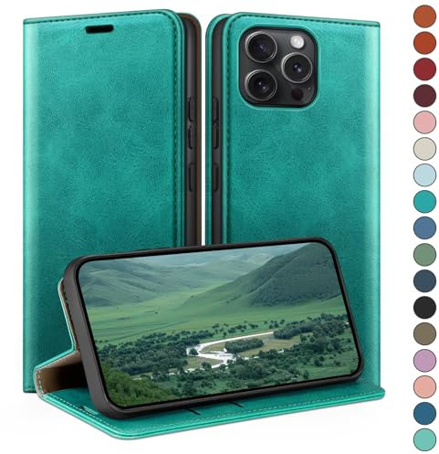 HUOUH for iPhone 15 Pro 6.1 Wallet case with RFID Blocking PU Leather,Flip Folio Book covers,Credit Card Holder Shockproof Phone case Women Men for Apple 15 Pro case Blue Green