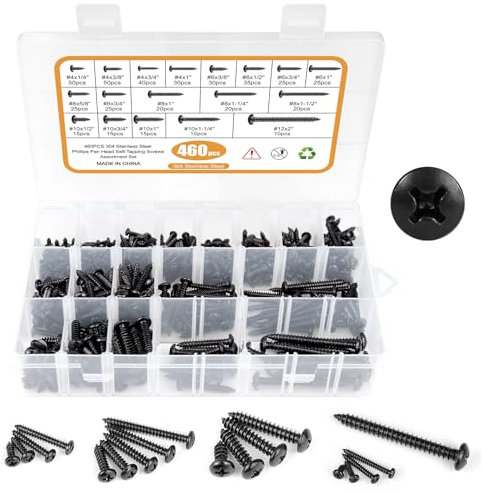 460PCS Black Stainless Steel Wood Screws Assortment Kit, 18 Sizes #4#6#8#10#12 Phillips Pan Head Sheet Metal Screws Self Tapping Screws Set for Wood Deck Drywall Concrete Screws, Length 1/4 to 2
