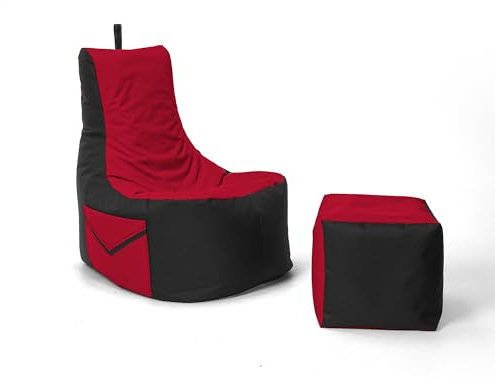 Nadimaideal Gaming Sitzsack XXL mit Hocker für Kinder, Teenager & Erwachsene | Indoor & Outdoor | Bodenkissen - Sessel - Beanbag bereits gefüllt | Füllung EPS Perlen (Rot, Zweifarbig)