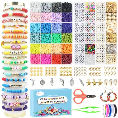 Fournine 7600 Pcs Clay Beads Bracelet Making Kit, 2 Boxes 24 Colors Friendship Bracelet Kit Flat Polymer Heishi Beads for Jewelry Making, Crafts Gift for Girls Ages 6-12
