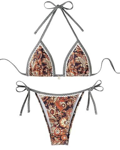 Happy Cherry 2-Teiliges Bikini-Set für Damen Sexy Binden Bedruckter Badeanzug Muschelverzierung Niedriger Taille Bademode
