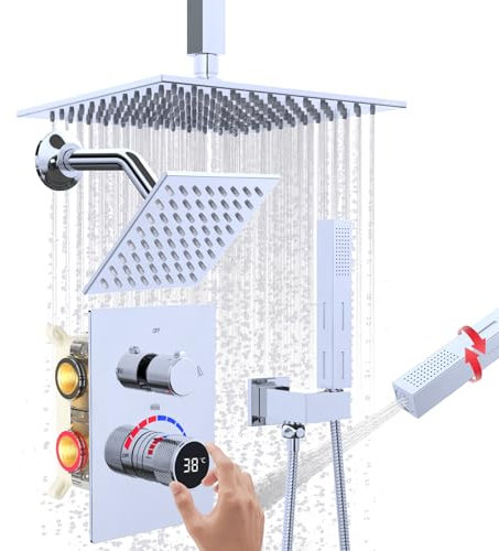 Chrome Concealed Shower Mixer Digital Display Shower Valve 3 Way, 10 Inch and 6 Inch Dual Shower Head