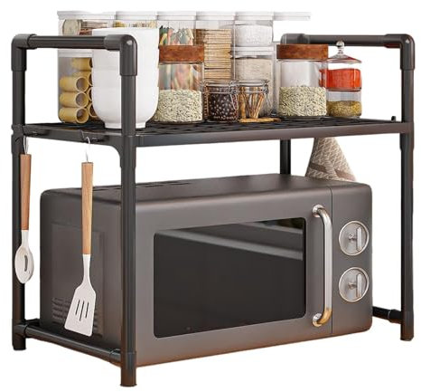 zjhukfmc Organizador de encimera, soporte para microondas con ganchos, soporte para microondas con almacenamiento sobre estante de microondas, organizador de cocina de metal de 2/3 niveles, estante de