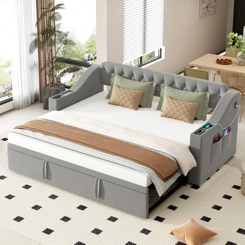 Merax Ausziehbar Schlafcouch 90/180 x 190 cm, Sofa Bett 2 Sitzer mit Schlaffunktion, Klappsofa mit Lattenrost und USB-Ladeanschluss, SamtStoff, Grau (Ohne Matratze)