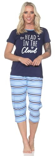 Normann Damen Schlafanzug Kurzarm Pyjama mit Capri-Pyjamahose in Streifenoptik