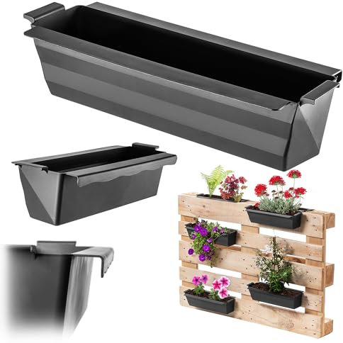 KADAX Set di 16 fioriere per pallet con sistema sospeso, 37 x 9 cm, colore nero, per piantare e decorare come fioriera da balcone, fioriera per pallet europei, inserto per vaso di fiori e vaso in
